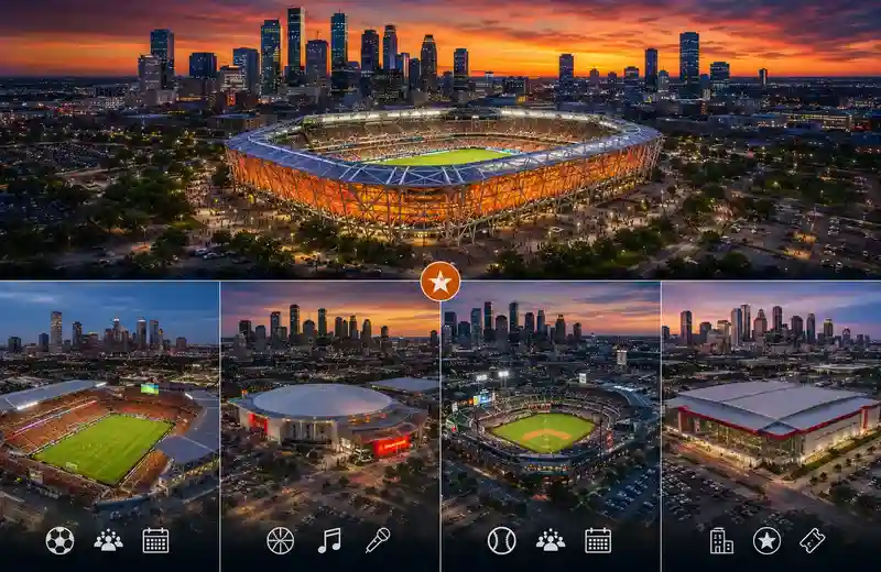 Shell Energy Stadium alongside other major Houston sports and entertainment venues with aerial skyline views, illuminated stadiums, soccer and baseball fields, arena architecture, event crowds, and sunset cityscape backgrounds across Houston.